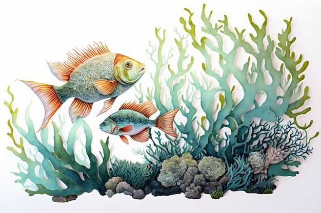 Иллюстрация рыбы и кораллов на белом фоне в стиле живописи Generative AI