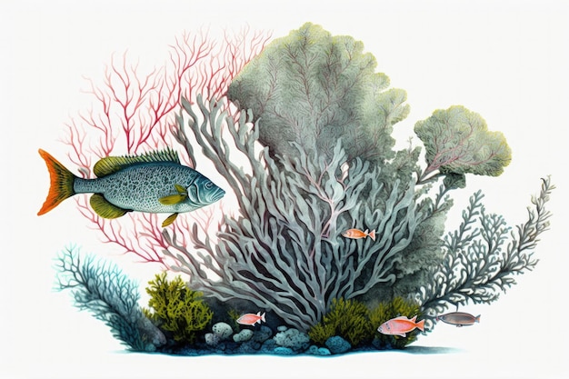 Fish and coral illustration on white background painting style Generative AI