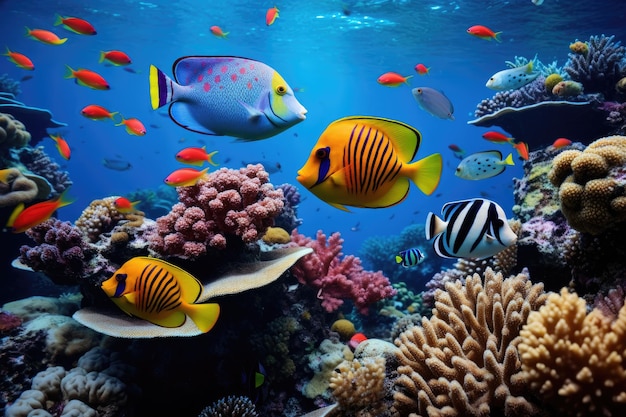 Fish over a coral reef in the sea