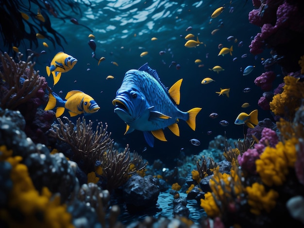 A fish in a coral reef with a blue and yellow fish swimming in the water.