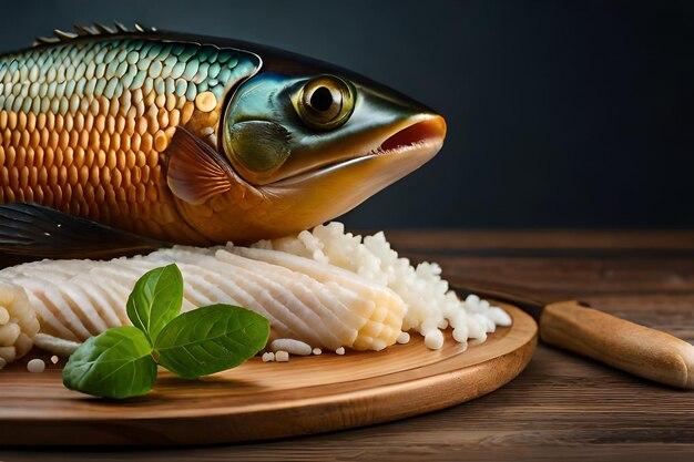 Premium AI Image  fresh fish on a cutting board with a knife and