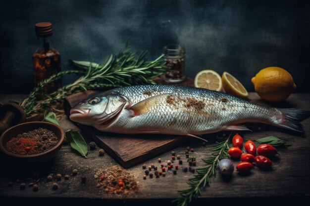 A fish on a cutting board with spices and herbs.