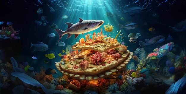 Photo a fish eating big pizza with cheese and tomato in the sea
