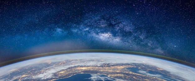 fish-eye lens view of earth against star field