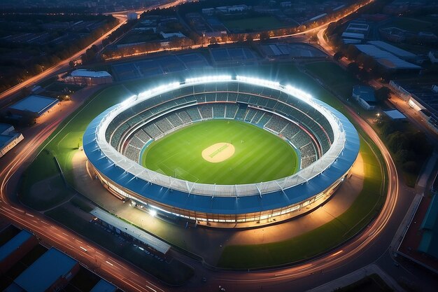 Photo fish eye photo of oval sports stadium above view with floodlights hyper realistic wide view cricket pitch