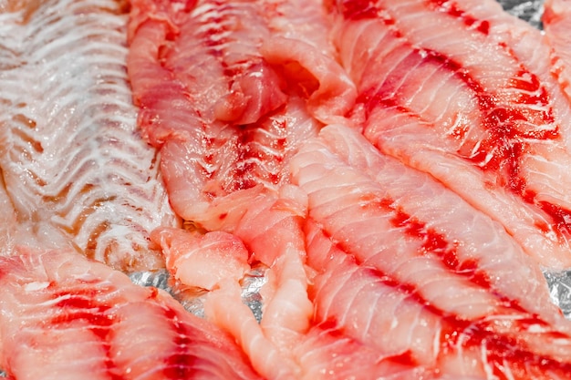 Fish fillet raw fresh red chilled selective focus