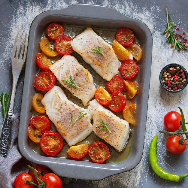 Фото Рыбные филе с помидорами и перцем на сковородке