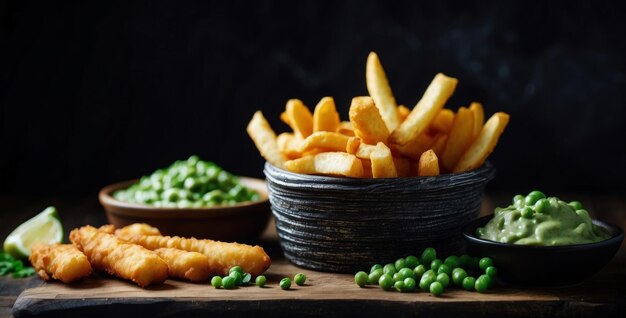 Fish fingers mashed peas and chips fries