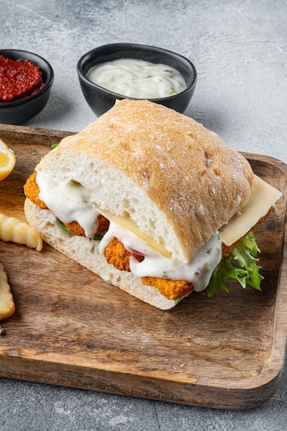 Fish fingers sandwich  set, on gray background