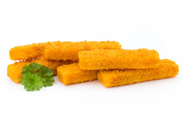 Fish fingers on the white background.