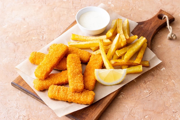 Рыбные пальцы с картошкой фри и белым соусом Морская еда Рыба и чипсы