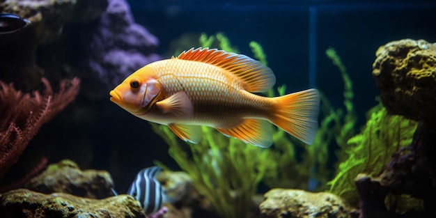 A fish in a fish tank with a yellow tail