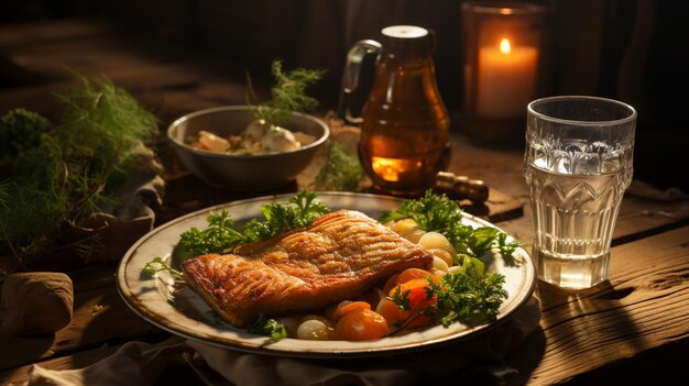 fish fried and egg fried on a plate and drinking water glass side on the plate