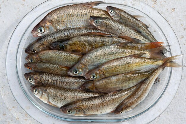 Fish in a glass dish on a marble table