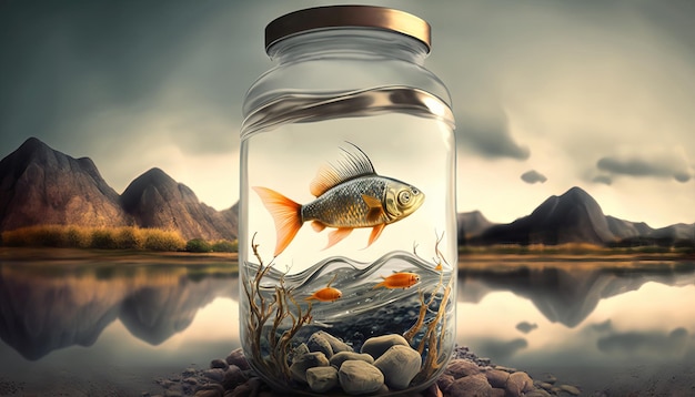 山と湖の背景にあるガラス瓶の中の魚 ジェネレーティブ AI