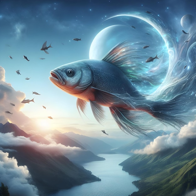 A fish gracefully soars above a tranquil river with fluffy clouds in the sky creating a serene back