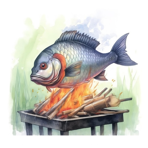 Photo a fish on a grill with a stick and a stick on it