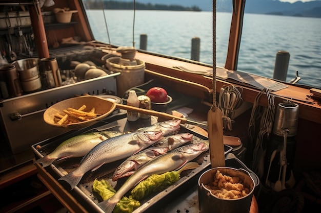 Fish grilling beside fishing gear on a sunny boat day created with generative ai