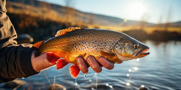 Fish the hands on the background of a river The theme of recreation and fishing Generative AI