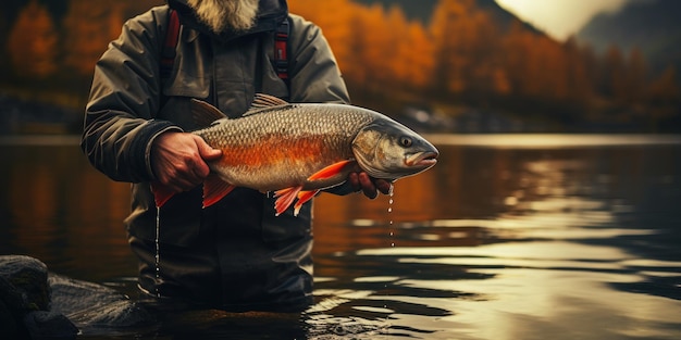 Рыбачить руками на фоне реки Тема отдыха и рыбалки Генеративный AI