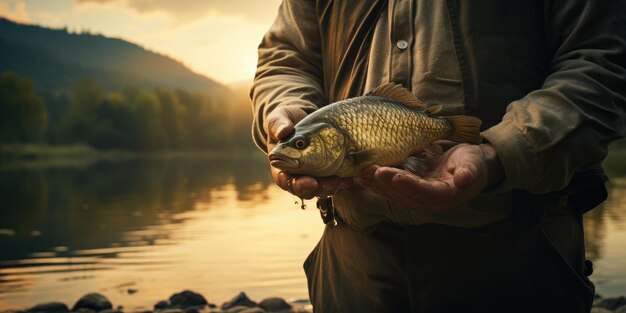 Fish in hands close upThe theme of fishing High quality photo Generative AI