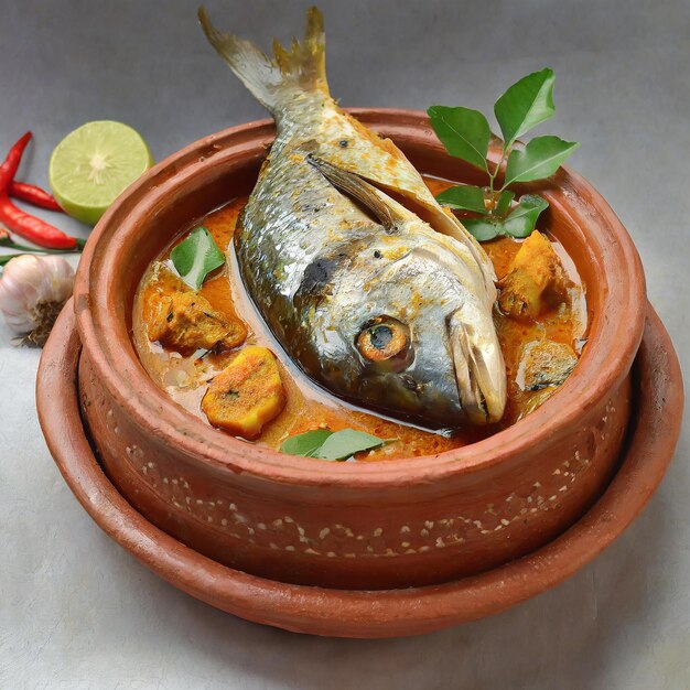 Photo fish head curry singaporean cuisine on white background