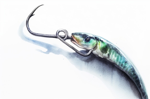 A fish hook with a blue and green stripe