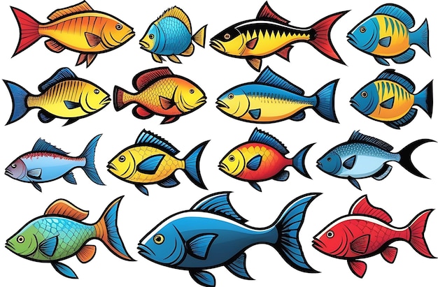 写真 fish icons highlighted on a white background a set of aquarium cartoon fish tropical fish a