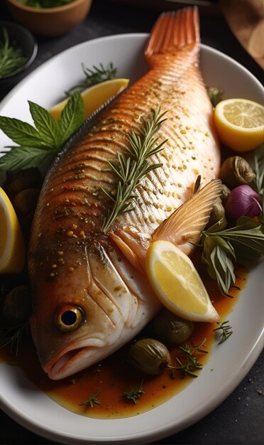 Фото fish in a plate with spices and herbs in sauce