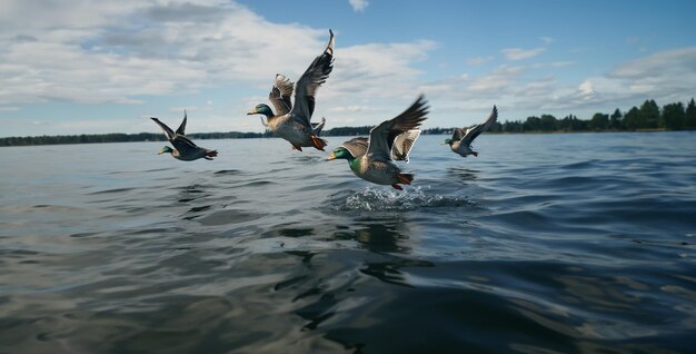 写真 ペリカンが飛ぶ水の中の魚多くのアヒルがボートのそばに飛んでいます