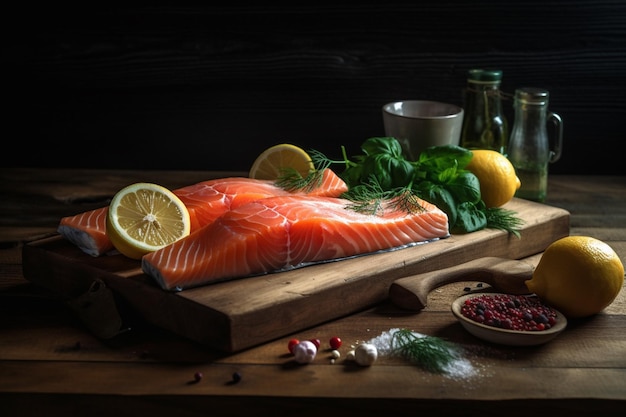 A fish and ingredients on a cutting board