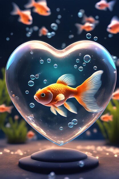 fish inside of a heart shaped bubble