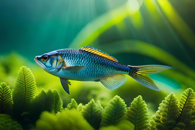 魚が緑の背景の水族館にいる