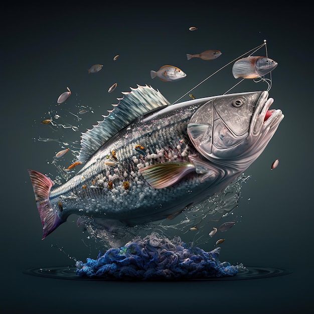 A fish is being pulled by a rope and the fish is flying out of the water.