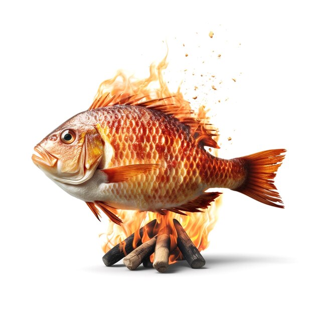 A fish is burning on a fire and the word fish is on the picture.