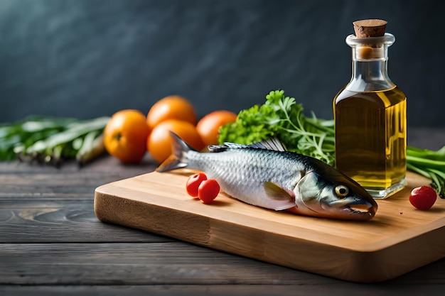 a fish is on a cutting board with vegetables and a bottle of oil.