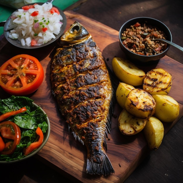 A fish is on a cutting board with vegetables and a bowl of salad.