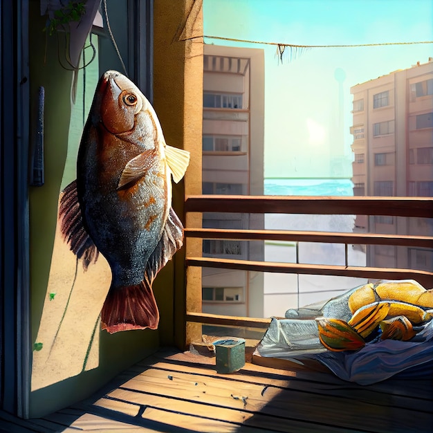 Fish is dried on the balcony of the house Generative AI