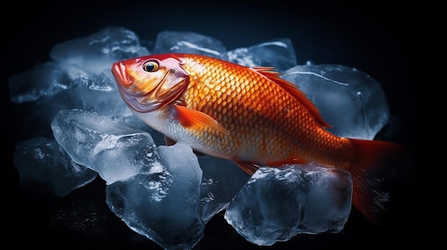 A fish is on ice in a black background.