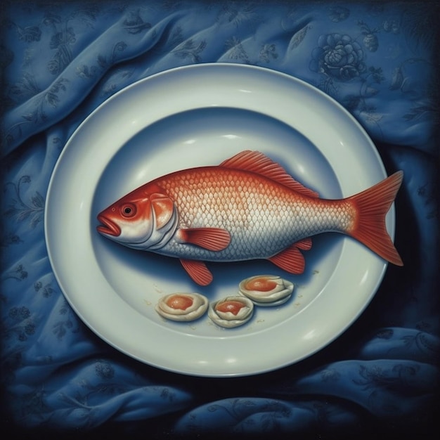 a fish is on a plate with a fish on it.