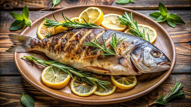 a fish is on a plate with lemons and rosemary