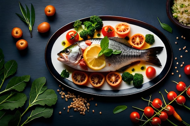 A fish is on a plate with vegetables and fruits.