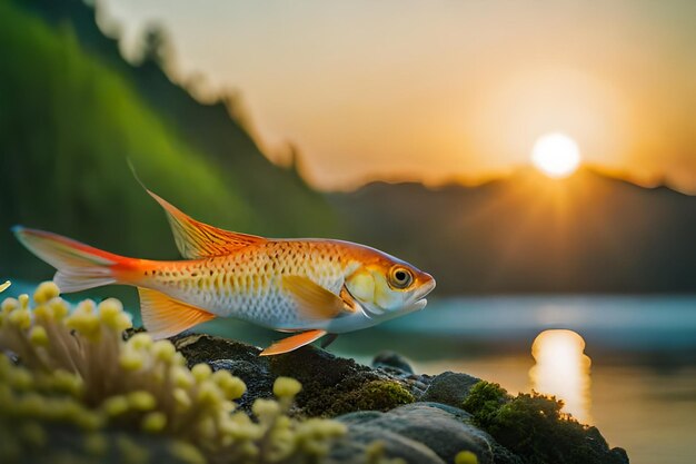 a fish is on a rock with the sun behind it