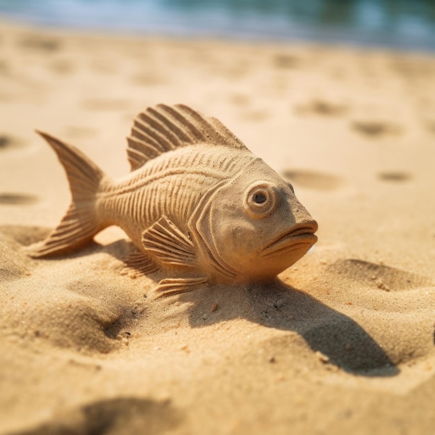 A fish is on the sand with the word fish on it.