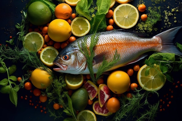 A fish is shown with lemons and limes.