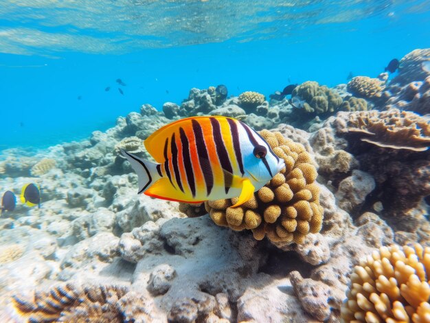 Fish is swimming among the coral reef