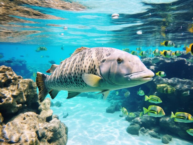 Fish is swimming among the coral reef