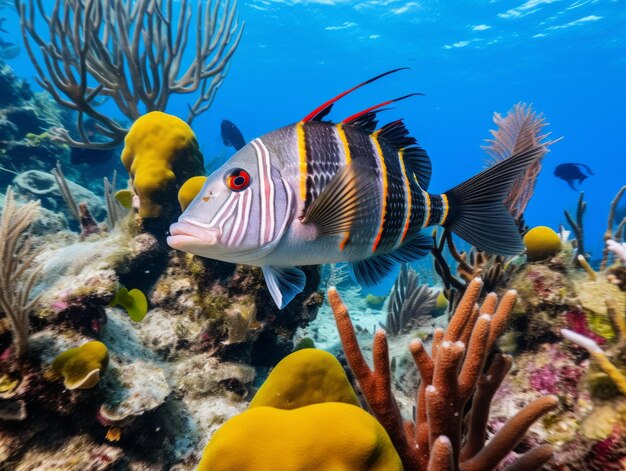 Fish is swimming among the coral reef