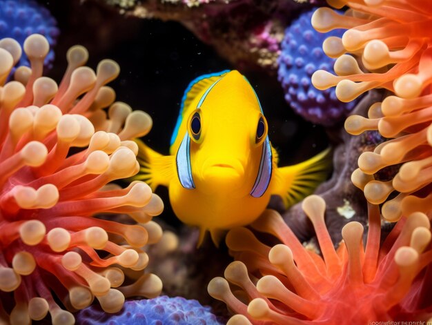 Fish is swimming among the coral reef