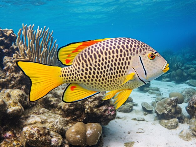 Fish is swimming among the coral reef